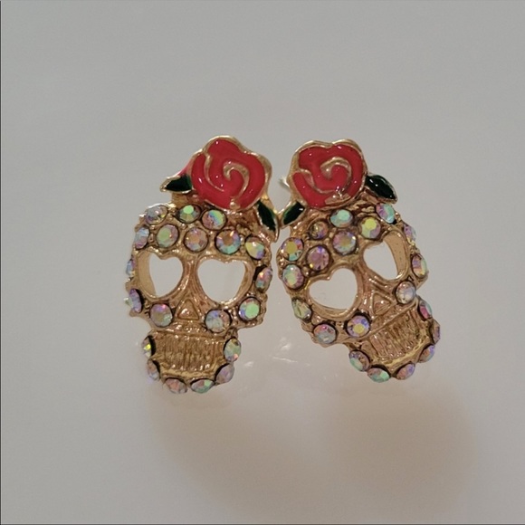 New! Sugar Skull Rhinestone Earrings - Picture 3 of 12